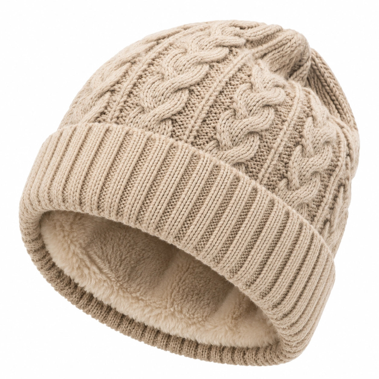 Bonnet taille unique en maille beige doublé polaire à torsades pour hiver