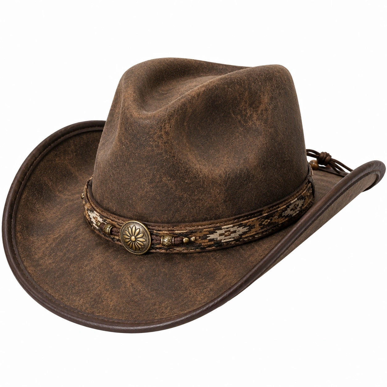 Chapeau western taille unique marron en matière synthétique aspect cuir à bord large